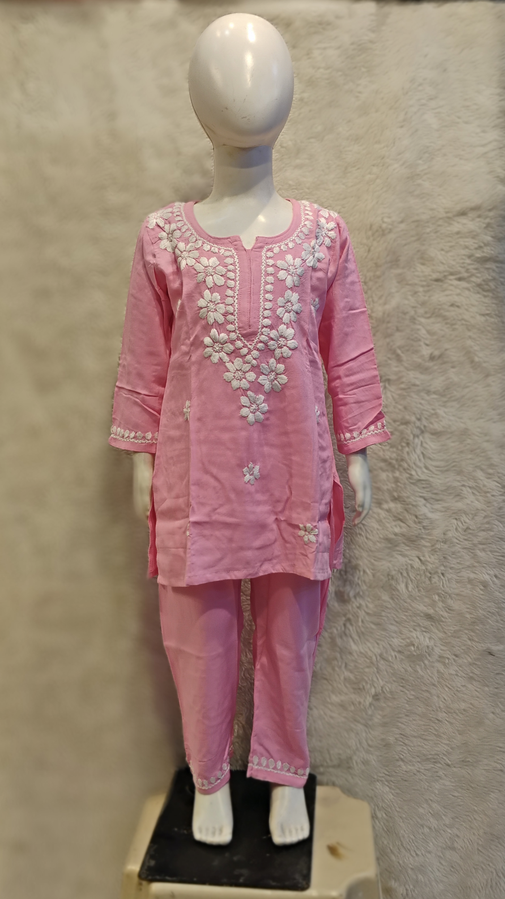 Rayon Kids Chikankari Lucknow Pink Set